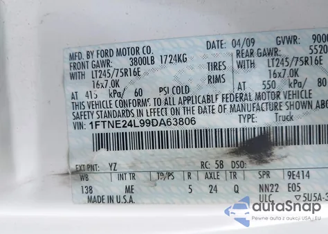 2009 Ford E-250 Commercial/Recreational z USA, uszkodzony, nr VIN 1FTNE24L99DA63806